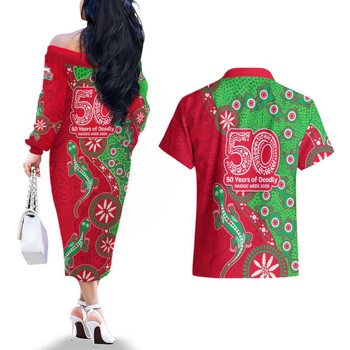 South Sydney Rabbitohs NAIDOC Week 2026 Couples Matching Off The Shoulder Long Sleeve Dress and Hawaiian Shirt Aboriginal Lizard Dot Painting - 50 Years of Deadly