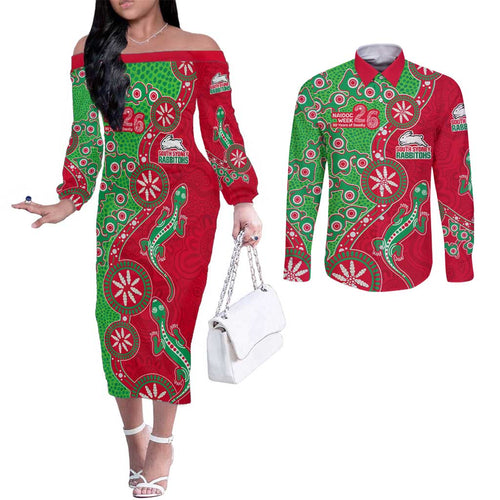South Sydney Rabbitohs NAIDOC Week 2026 Couples Matching Off The Shoulder Long Sleeve Dress and Long Sleeve Button Shirt Aboriginal Lizard Dot Painting - 50 Years of Deadly