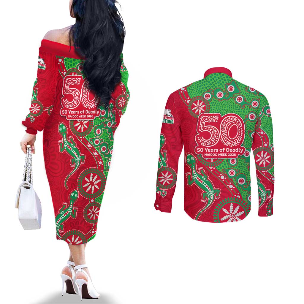 South Sydney Rabbitohs NAIDOC Week 2026 Couples Matching Off The Shoulder Long Sleeve Dress and Long Sleeve Button Shirt Aboriginal Lizard Dot Painting - 50 Years of Deadly
