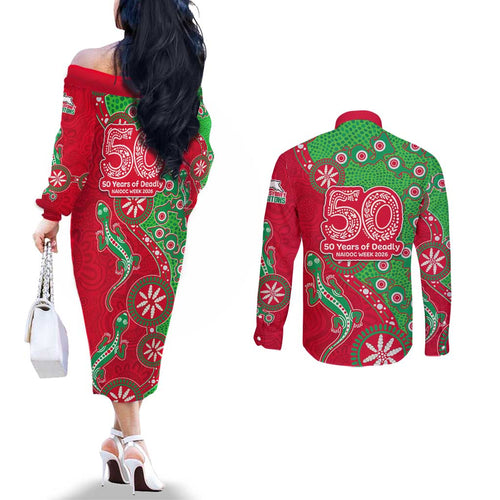 South Sydney Rabbitohs NAIDOC Week 2026 Couples Matching Off The Shoulder Long Sleeve Dress and Long Sleeve Button Shirt Aboriginal Lizard Dot Painting - 50 Years of Deadly