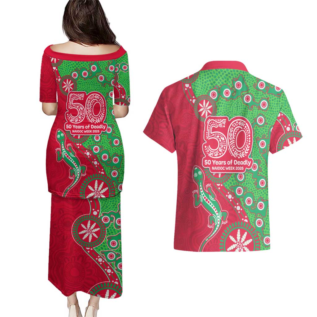 South Sydney Rabbitohs NAIDOC Week 2026 Couples Matching Puletasi and Hawaiian Shirt Aboriginal Lizard Dot Painting - 50 Years of Deadly