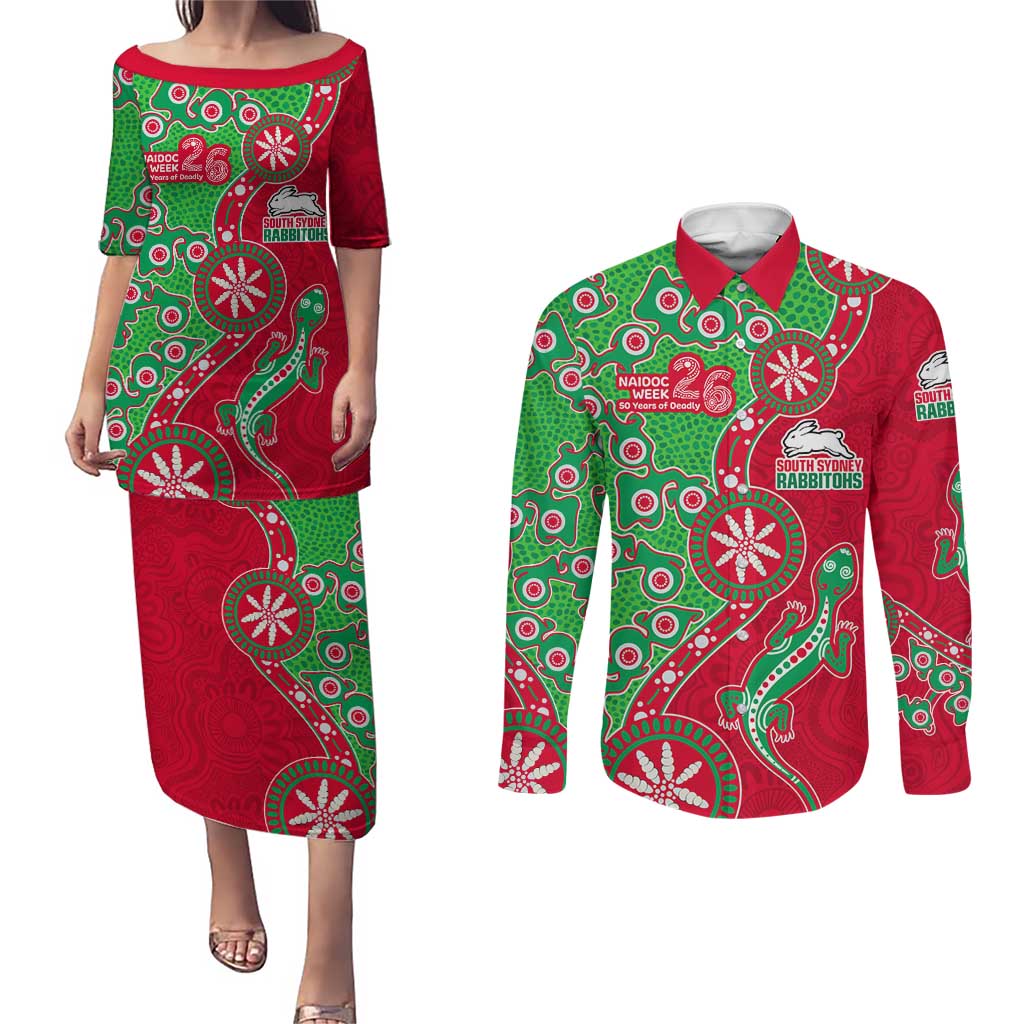 South Sydney Rabbitohs NAIDOC Week 2026 Couples Matching Puletasi and Long Sleeve Button Shirt Aboriginal Lizard Dot Painting - 50 Years of Deadly