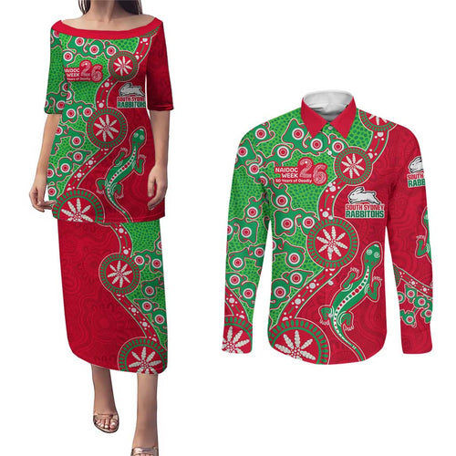 South Sydney Rabbitohs NAIDOC Week 2026 Couples Matching Puletasi and Long Sleeve Button Shirt Aboriginal Lizard Dot Painting - 50 Years of Deadly