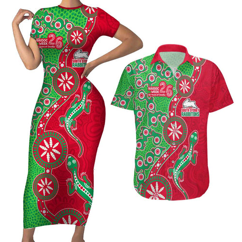 South Sydney Rabbitohs NAIDOC Week 2026 Couples Matching Short Sleeve Bodycon Dress and Hawaiian Shirt Aboriginal Lizard Dot Painting - 50 Years of Deadly