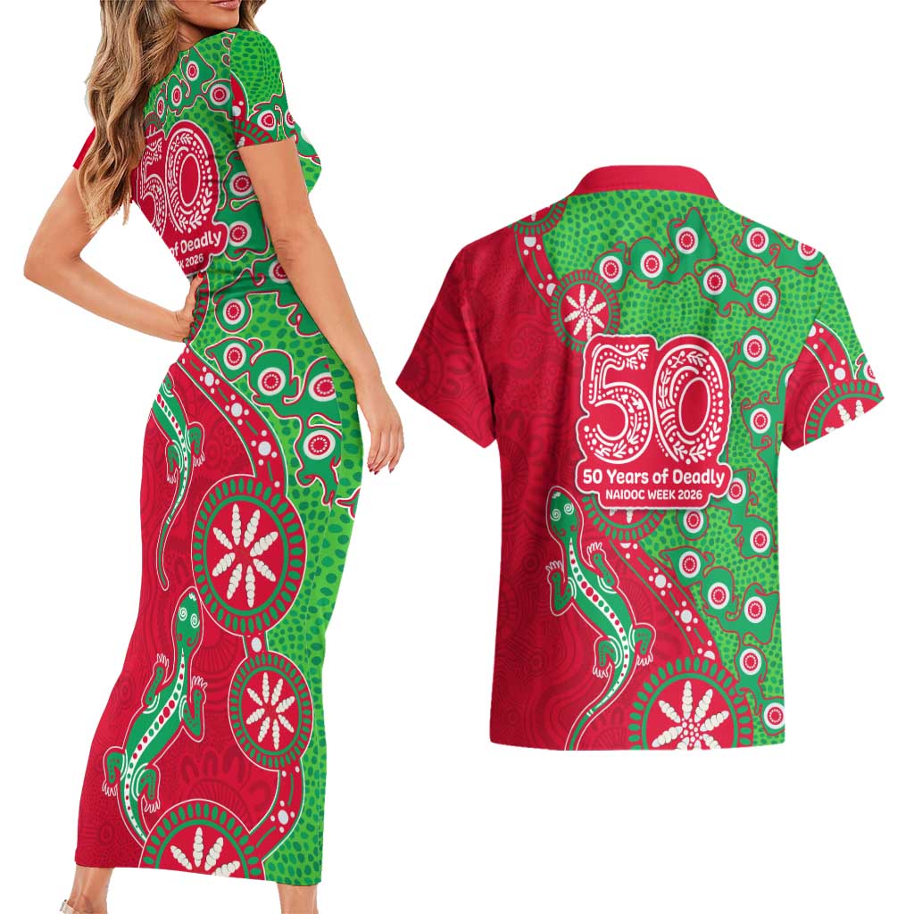 South Sydney Rabbitohs NAIDOC Week 2026 Couples Matching Short Sleeve Bodycon Dress and Hawaiian Shirt Aboriginal Lizard Dot Painting - 50 Years of Deadly