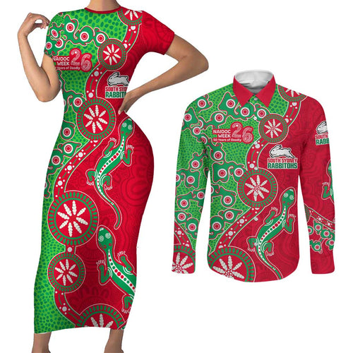 South Sydney Rabbitohs NAIDOC Week 2026 Couples Matching Short Sleeve Bodycon Dress and Long Sleeve Button Shirt Aboriginal Lizard Dot Painting - 50 Years of Deadly