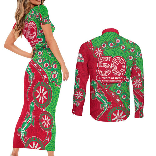 South Sydney Rabbitohs NAIDOC Week 2026 Couples Matching Short Sleeve Bodycon Dress and Long Sleeve Button Shirt Aboriginal Lizard Dot Painting - 50 Years of Deadly