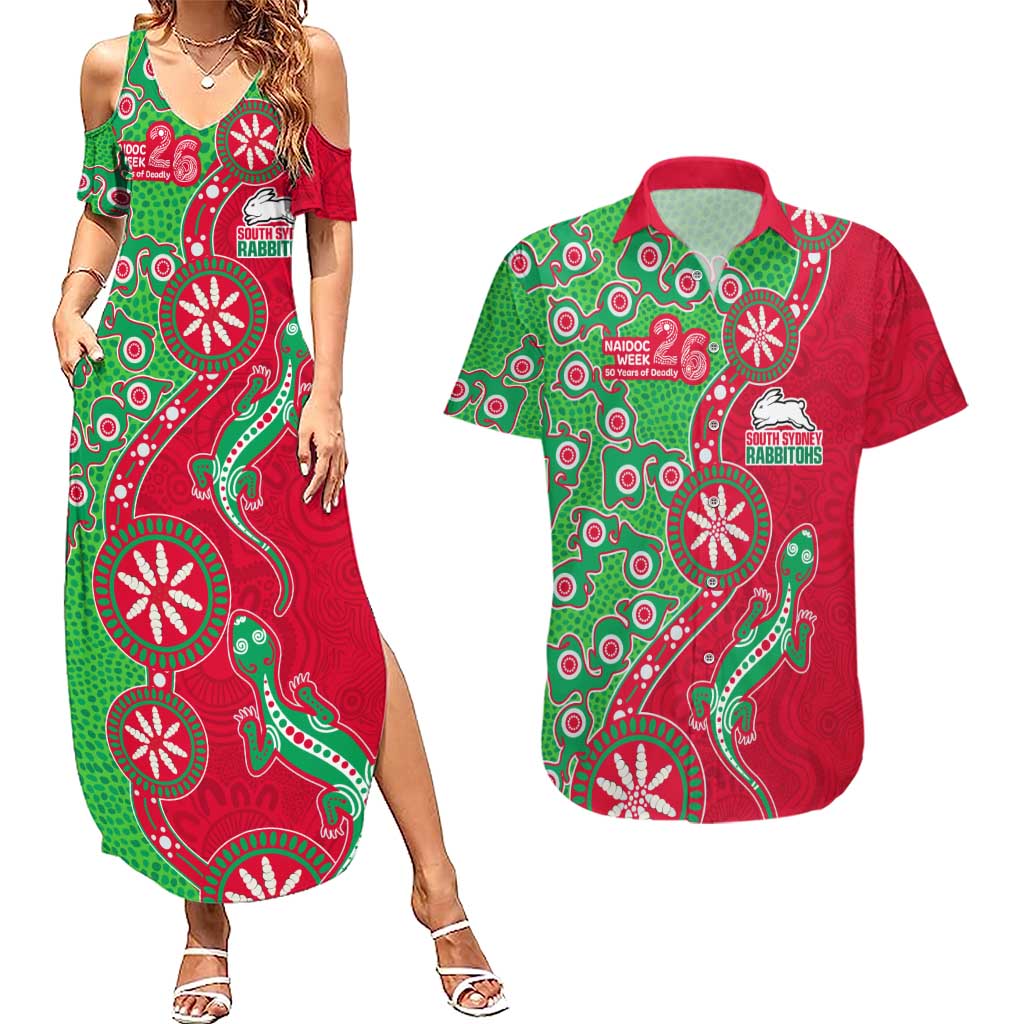 South Sydney Rabbitohs NAIDOC Week 2026 Couples Matching Summer Maxi Dress and Hawaiian Shirt Aboriginal Lizard Dot Painting - 50 Years of Deadly