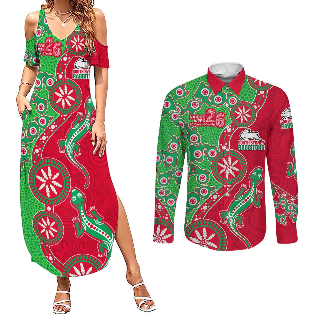 South Sydney Rabbitohs NAIDOC Week 2026 Couples Matching Summer Maxi Dress and Long Sleeve Button Shirt Aboriginal Lizard Dot Painting - 50 Years of Deadly