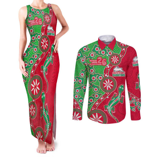 South Sydney Rabbitohs NAIDOC Week 2026 Couples Matching Tank Maxi Dress and Long Sleeve Button Shirt Aboriginal Lizard Dot Painting - 50 Years of Deadly