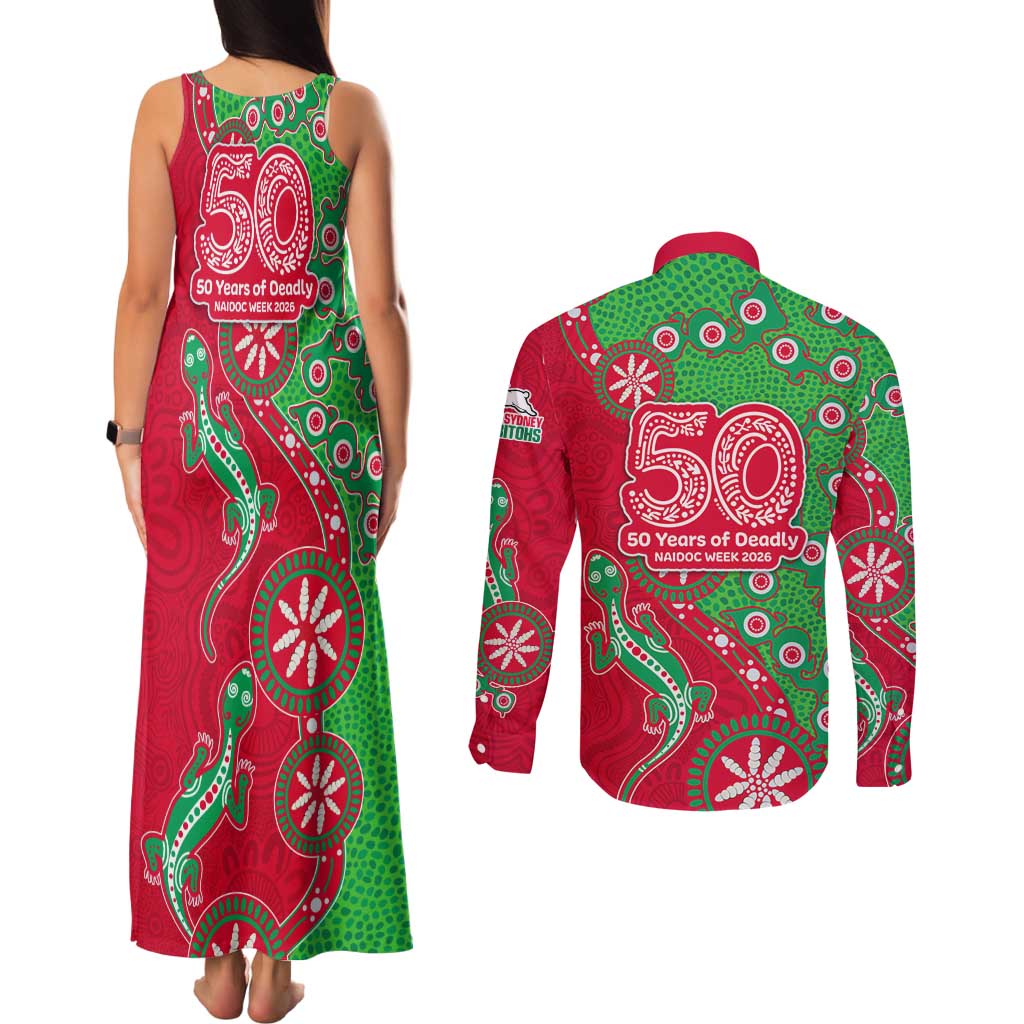 South Sydney Rabbitohs NAIDOC Week 2026 Couples Matching Tank Maxi Dress and Long Sleeve Button Shirt Aboriginal Lizard Dot Painting - 50 Years of Deadly