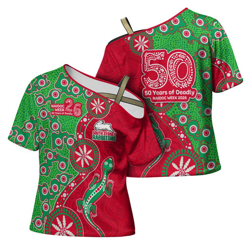 South Sydney Rabbitohs NAIDOC Week 2026 Cross Shoulder Shirt Aboriginal Lizard Dot Painting - 50 Years of Deadly