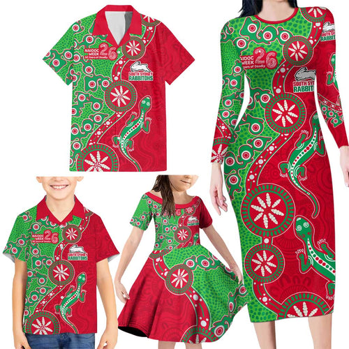 South Sydney Rabbitohs NAIDOC Week 2026 Family Matching Long Sleeve Bodycon Dress and Hawaiian Shirt Aboriginal Lizard Dot Painting - 50 Years of Deadly