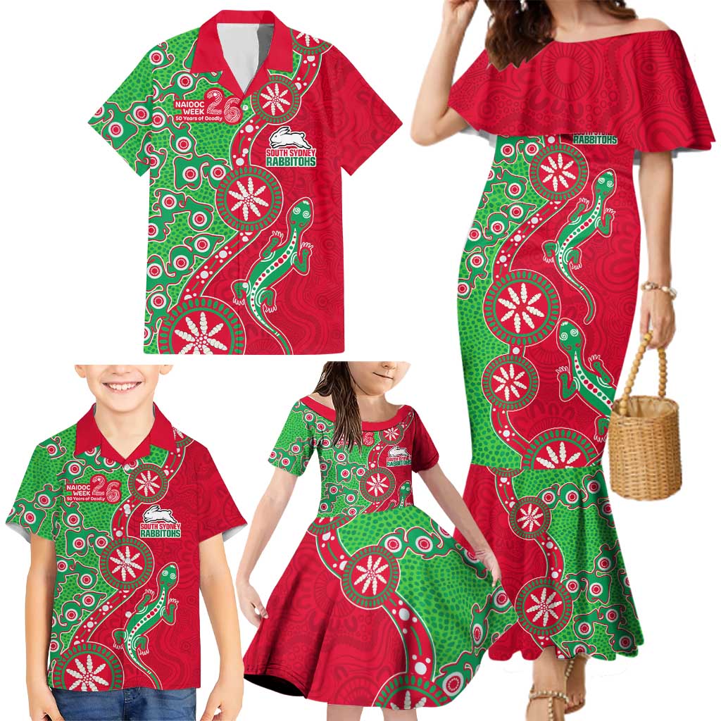 South Sydney Rabbitohs NAIDOC Week 2026 Family Matching Mermaid Dress and Hawaiian Shirt Aboriginal Lizard Dot Painting - 50 Years of Deadly