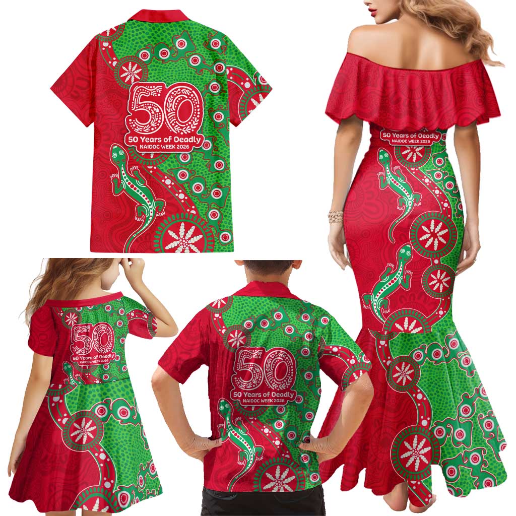 South Sydney Rabbitohs NAIDOC Week 2026 Family Matching Mermaid Dress and Hawaiian Shirt Aboriginal Lizard Dot Painting - 50 Years of Deadly