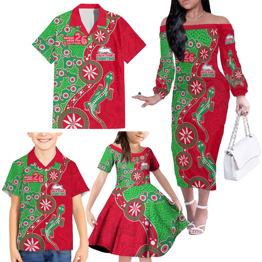 South Sydney Rabbitohs NAIDOC Week 2026 Family Matching Off The Shoulder Long Sleeve Dress and Hawaiian Shirt Aboriginal Lizard Dot Painting - 50 Years of Deadly