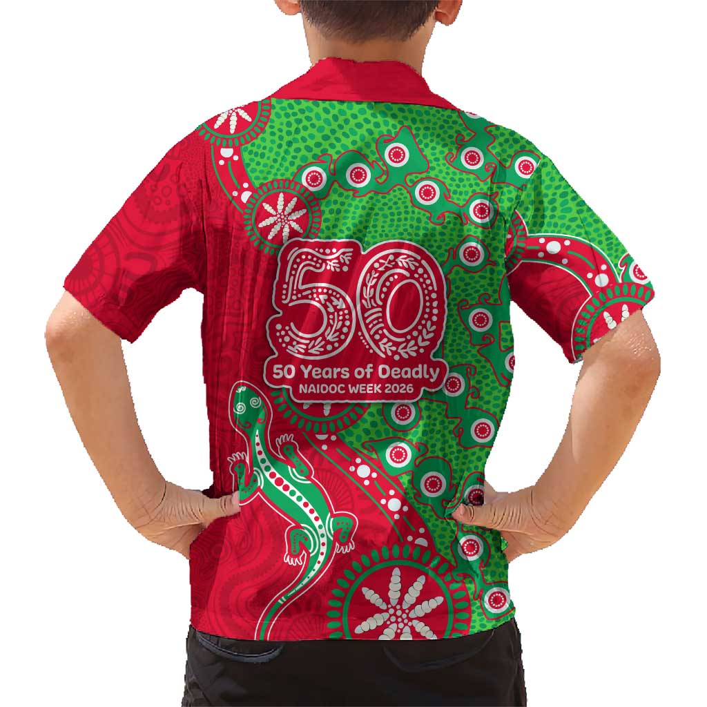 South Sydney Rabbitohs NAIDOC Week 2026 Family Matching Off The Shoulder Long Sleeve Dress and Hawaiian Shirt Aboriginal Lizard Dot Painting - 50 Years of Deadly
