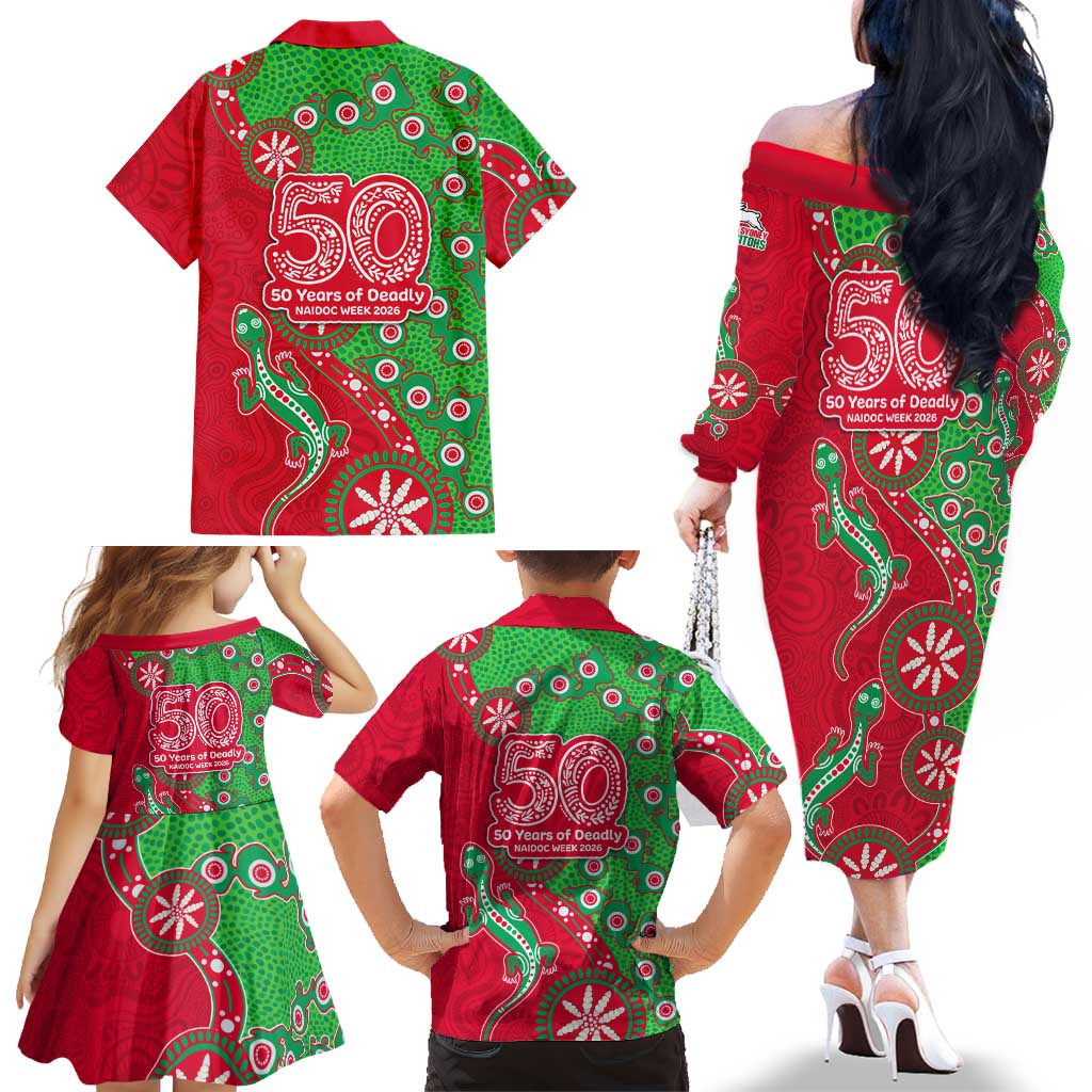 South Sydney Rabbitohs NAIDOC Week 2026 Family Matching Off The Shoulder Long Sleeve Dress and Hawaiian Shirt Aboriginal Lizard Dot Painting - 50 Years of Deadly