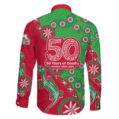 South Sydney Rabbitohs NAIDOC Week 2026 Family Matching Off The Shoulder Long Sleeve Dress and Hawaiian Shirt Aboriginal Lizard Dot Painting - 50 Years of Deadly