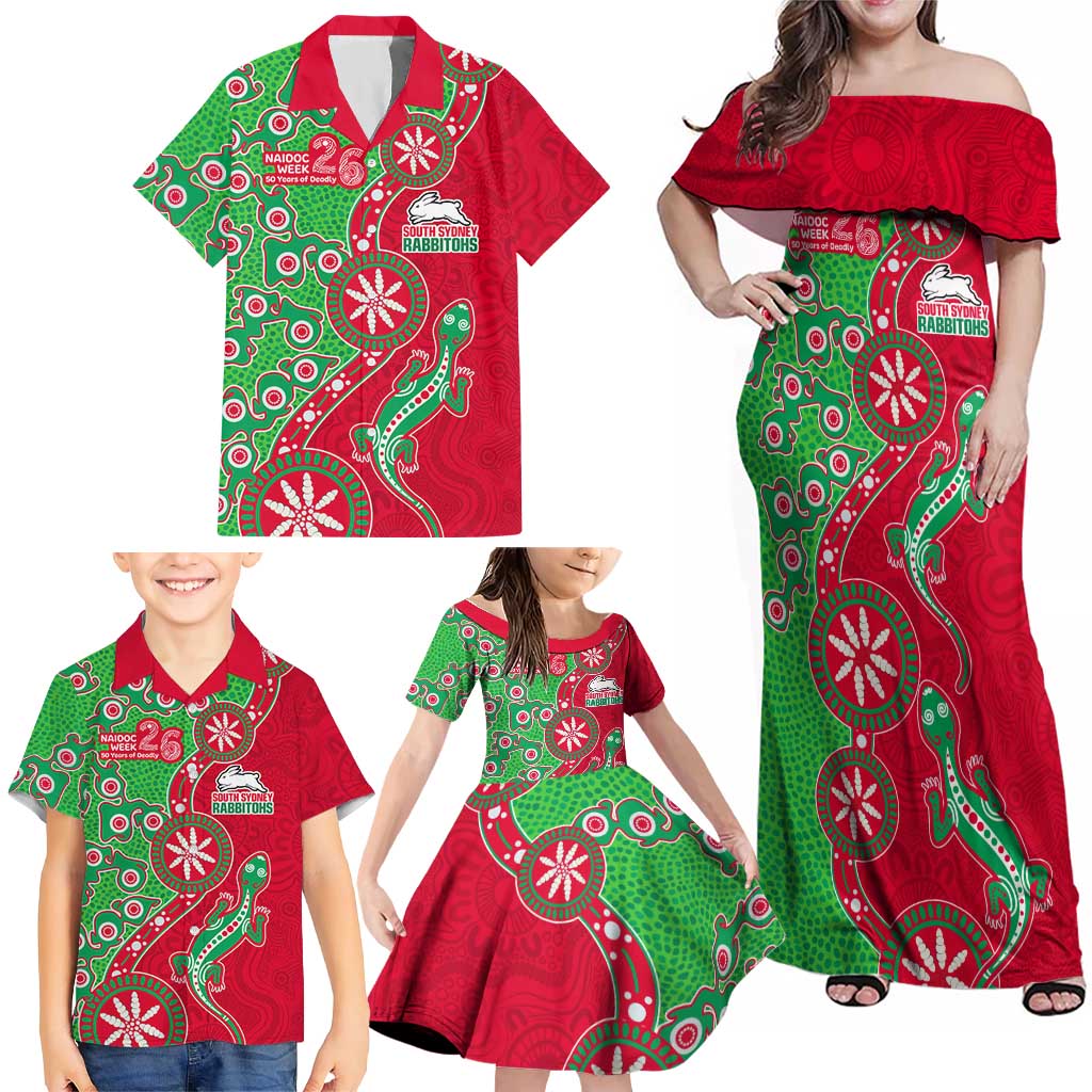 South Sydney Rabbitohs NAIDOC Week 2026 Family Matching Off Shoulder Maxi Dress and Hawaiian Shirt Aboriginal Lizard Dot Painting - 50 Years of Deadly