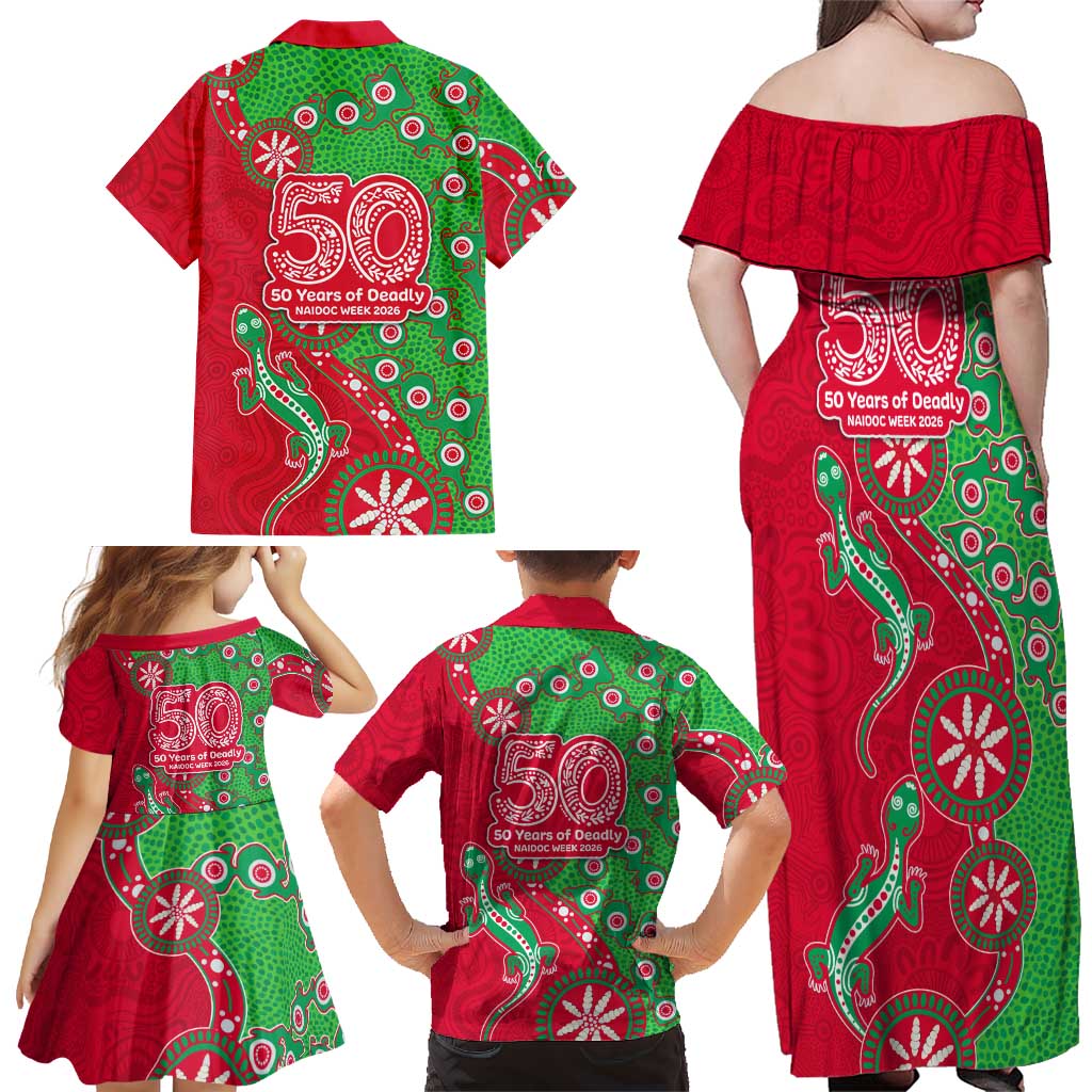 South Sydney Rabbitohs NAIDOC Week 2026 Family Matching Off Shoulder Maxi Dress and Hawaiian Shirt Aboriginal Lizard Dot Painting - 50 Years of Deadly
