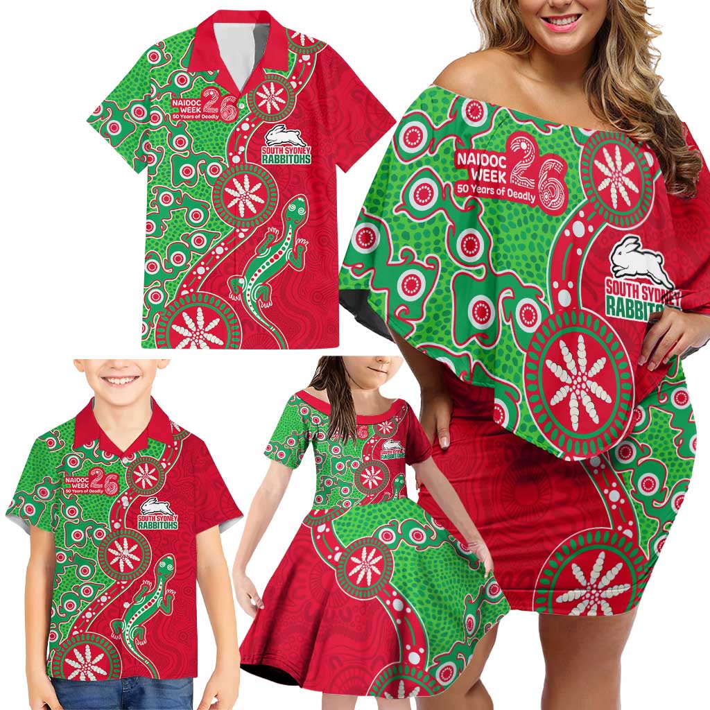 South Sydney Rabbitohs NAIDOC Week 2026 Family Matching Off Shoulder Short Dress and Hawaiian Shirt Aboriginal Lizard Dot Painting - 50 Years of Deadly