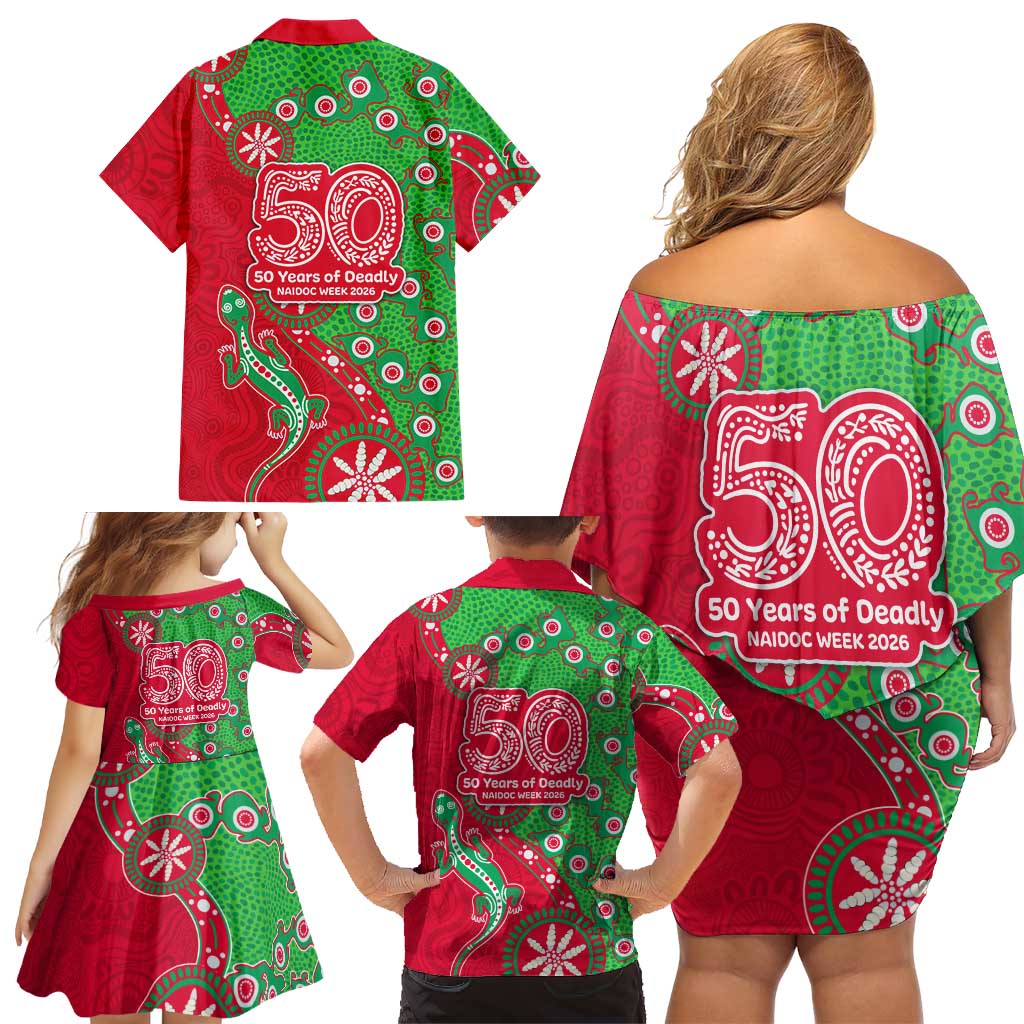 South Sydney Rabbitohs NAIDOC Week 2026 Family Matching Off Shoulder Short Dress and Hawaiian Shirt Aboriginal Lizard Dot Painting - 50 Years of Deadly