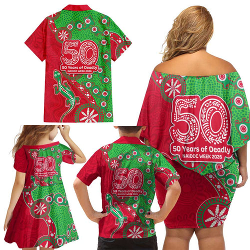 South Sydney Rabbitohs NAIDOC Week 2026 Family Matching Off Shoulder Short Dress and Hawaiian Shirt Aboriginal Lizard Dot Painting - 50 Years of Deadly