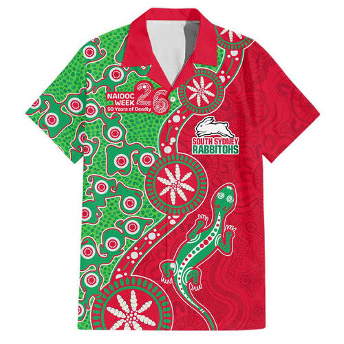 South Sydney Rabbitohs NAIDOC Week 2026 Family Matching Off Shoulder Short Dress and Hawaiian Shirt Aboriginal Lizard Dot Painting - 50 Years of Deadly