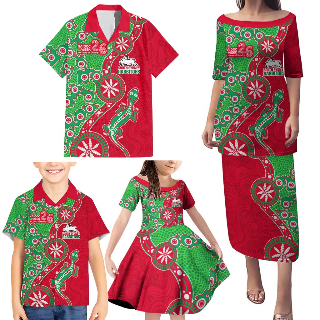 South Sydney Rabbitohs NAIDOC Week 2026 Family Matching Puletasi and Hawaiian Shirt Aboriginal Lizard Dot Painting - 50 Years of Deadly