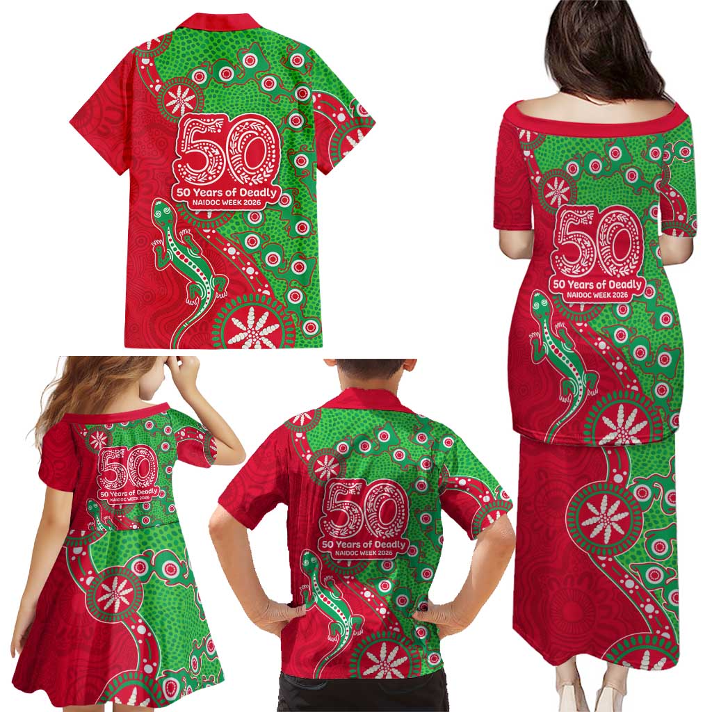 South Sydney Rabbitohs NAIDOC Week 2026 Family Matching Puletasi and Hawaiian Shirt Aboriginal Lizard Dot Painting - 50 Years of Deadly