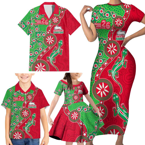 South Sydney Rabbitohs NAIDOC Week 2026 Family Matching Short Sleeve Bodycon Dress and Hawaiian Shirt Aboriginal Lizard Dot Painting - 50 Years of Deadly