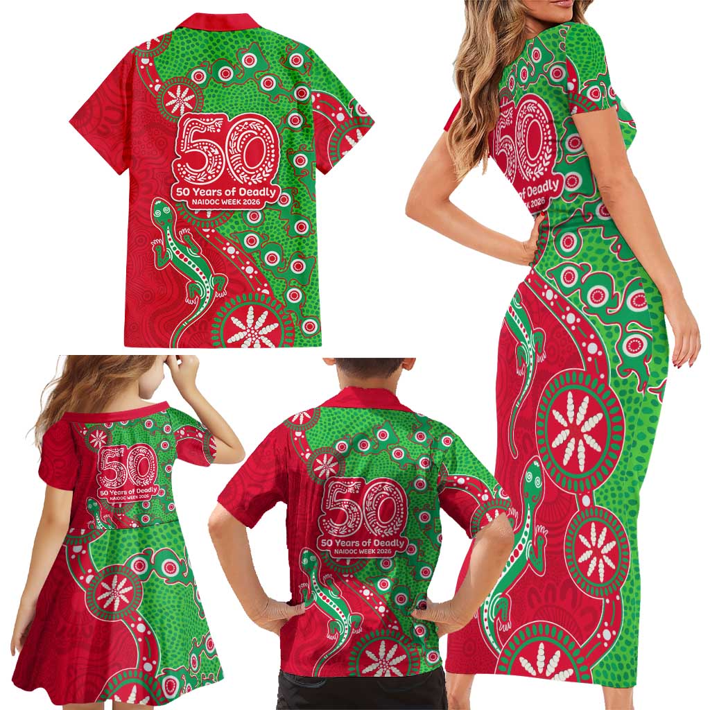 South Sydney Rabbitohs NAIDOC Week 2026 Family Matching Short Sleeve Bodycon Dress and Hawaiian Shirt Aboriginal Lizard Dot Painting - 50 Years of Deadly