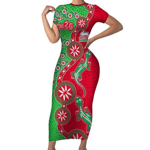 South Sydney Rabbitohs NAIDOC Week 2026 Family Matching Short Sleeve Bodycon Dress and Hawaiian Shirt Aboriginal Lizard Dot Painting - 50 Years of Deadly