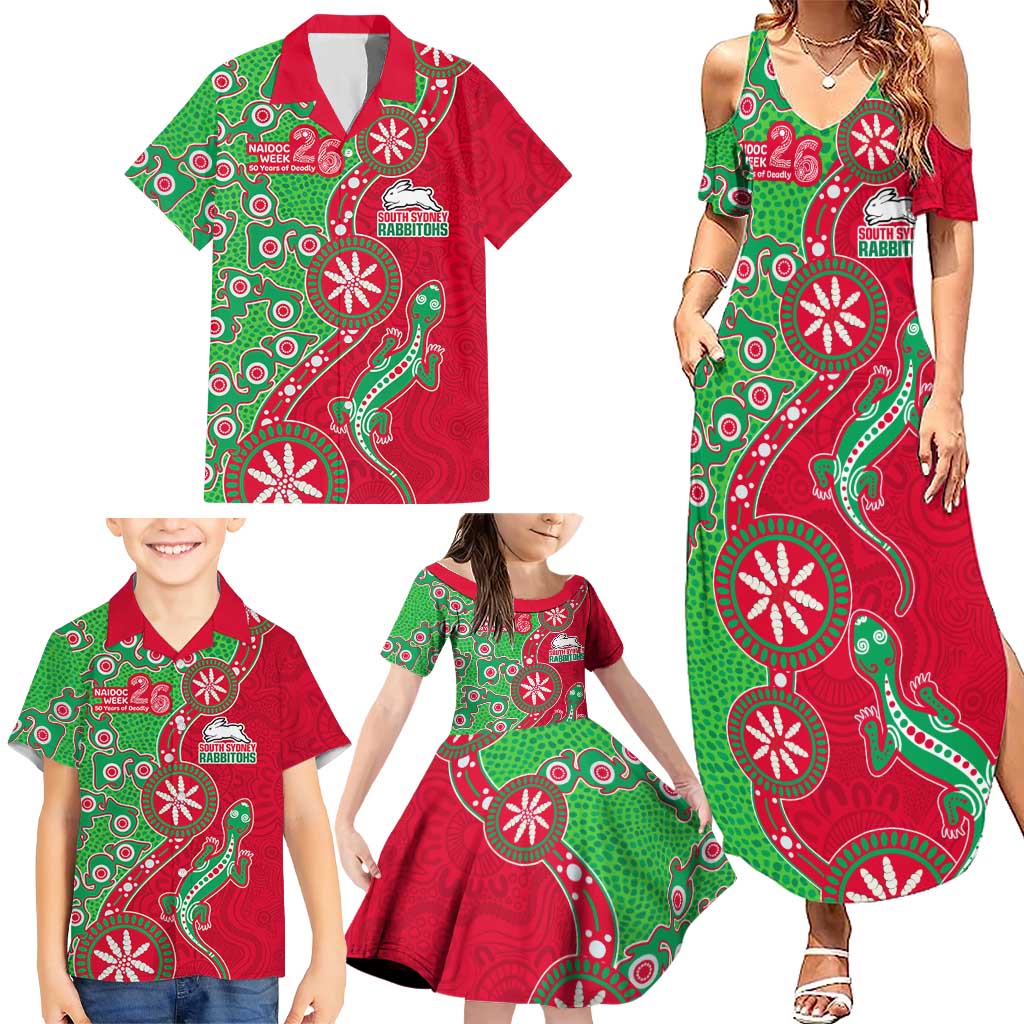 South Sydney Rabbitohs NAIDOC Week 2026 Family Matching Summer Maxi Dress and Hawaiian Shirt Aboriginal Lizard Dot Painting - 50 Years of Deadly