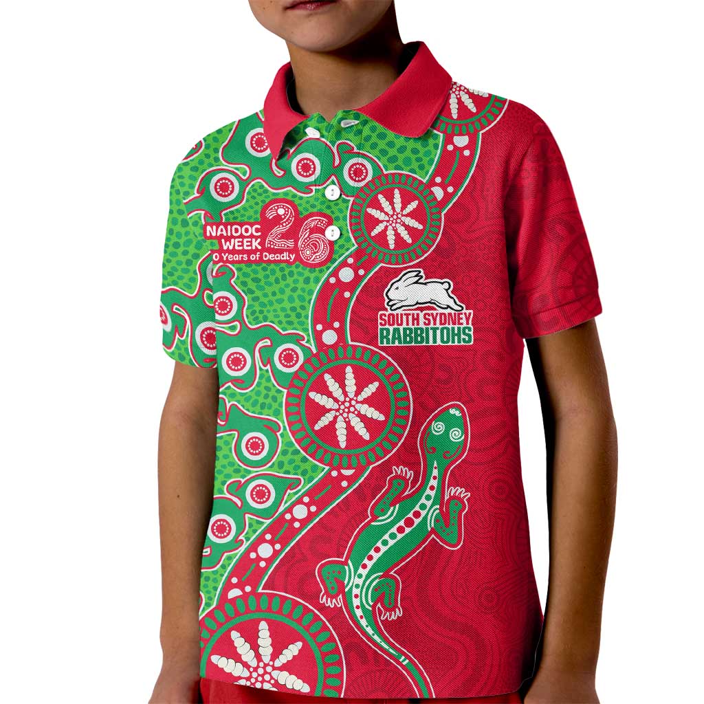 South Sydney Rabbitohs NAIDOC Week 2026 Kid Polo Shirt Aboriginal Lizard Dot Painting - 50 Years of Deadly