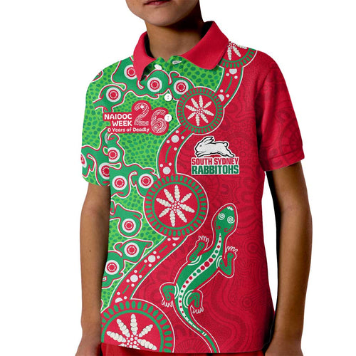 South Sydney Rabbitohs NAIDOC Week 2026 Kid Polo Shirt Aboriginal Lizard Dot Painting - 50 Years of Deadly