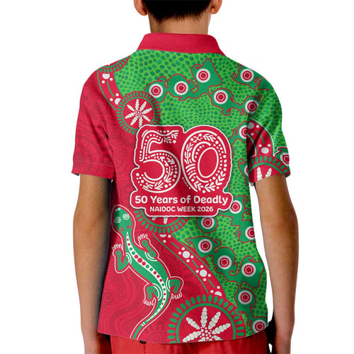 South Sydney Rabbitohs NAIDOC Week 2026 Kid Polo Shirt Aboriginal Lizard Dot Painting - 50 Years of Deadly