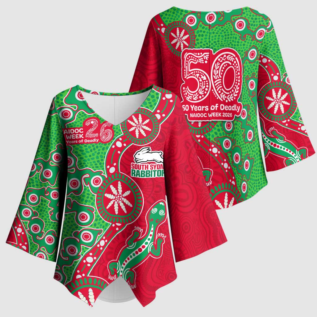 South Sydney Rabbitohs NAIDOC Week 2026 Kimono Sleeve Blouse Aboriginal Lizard Dot Painting - 50 Years of Deadly