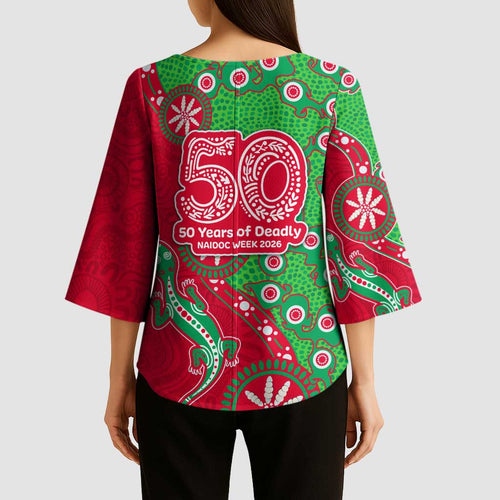 South Sydney Rabbitohs NAIDOC Week 2026 Kimono Sleeve Blouse Aboriginal Lizard Dot Painting - 50 Years of Deadly
