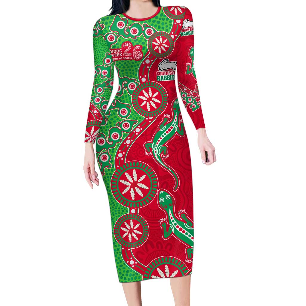 South Sydney Rabbitohs NAIDOC Week 2026 Long Sleeve Bodycon Dress Aboriginal Lizard Dot Painting - 50 Years of Deadly