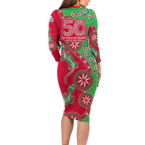South Sydney Rabbitohs NAIDOC Week 2026 Long Sleeve Bodycon Dress Aboriginal Lizard Dot Painting - 50 Years of Deadly
