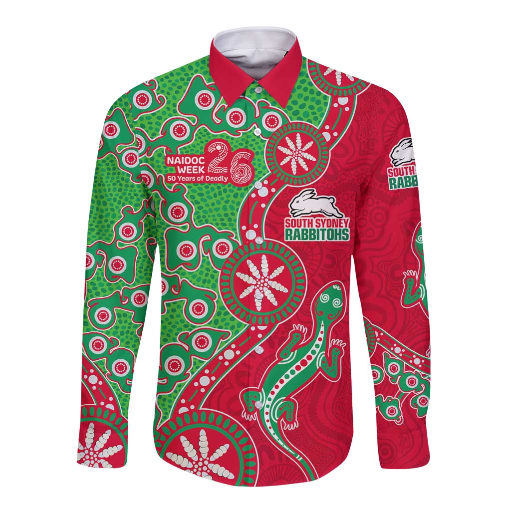 South Sydney Rabbitohs NAIDOC Week 2026 Long Sleeve Button Shirt Aboriginal Lizard Dot Painting - 50 Years of Deadly