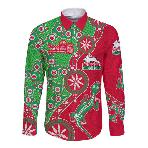 South Sydney Rabbitohs NAIDOC Week 2026 Long Sleeve Button Shirt Aboriginal Lizard Dot Painting - 50 Years of Deadly