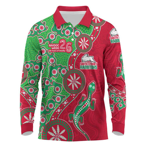 South Sydney Rabbitohs NAIDOC Week 2026 Long Sleeve Polo Shirt Aboriginal Lizard Dot Painting - 50 Years of Deadly