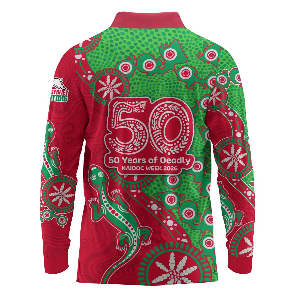 South Sydney Rabbitohs NAIDOC Week 2026 Long Sleeve Polo Shirt Aboriginal Lizard Dot Painting - 50 Years of Deadly
