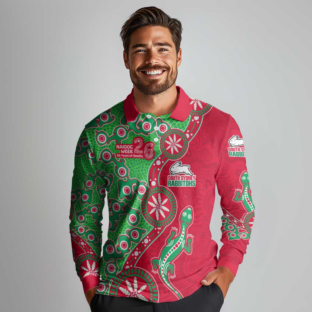 South Sydney Rabbitohs NAIDOC Week 2026 Long Sleeve Polo Shirt Aboriginal Lizard Dot Painting - 50 Years of Deadly
