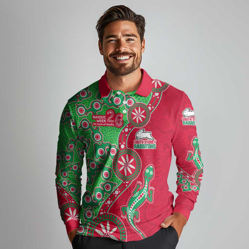 South Sydney Rabbitohs NAIDOC Week 2026 Long Sleeve Polo Shirt Aboriginal Lizard Dot Painting - 50 Years of Deadly