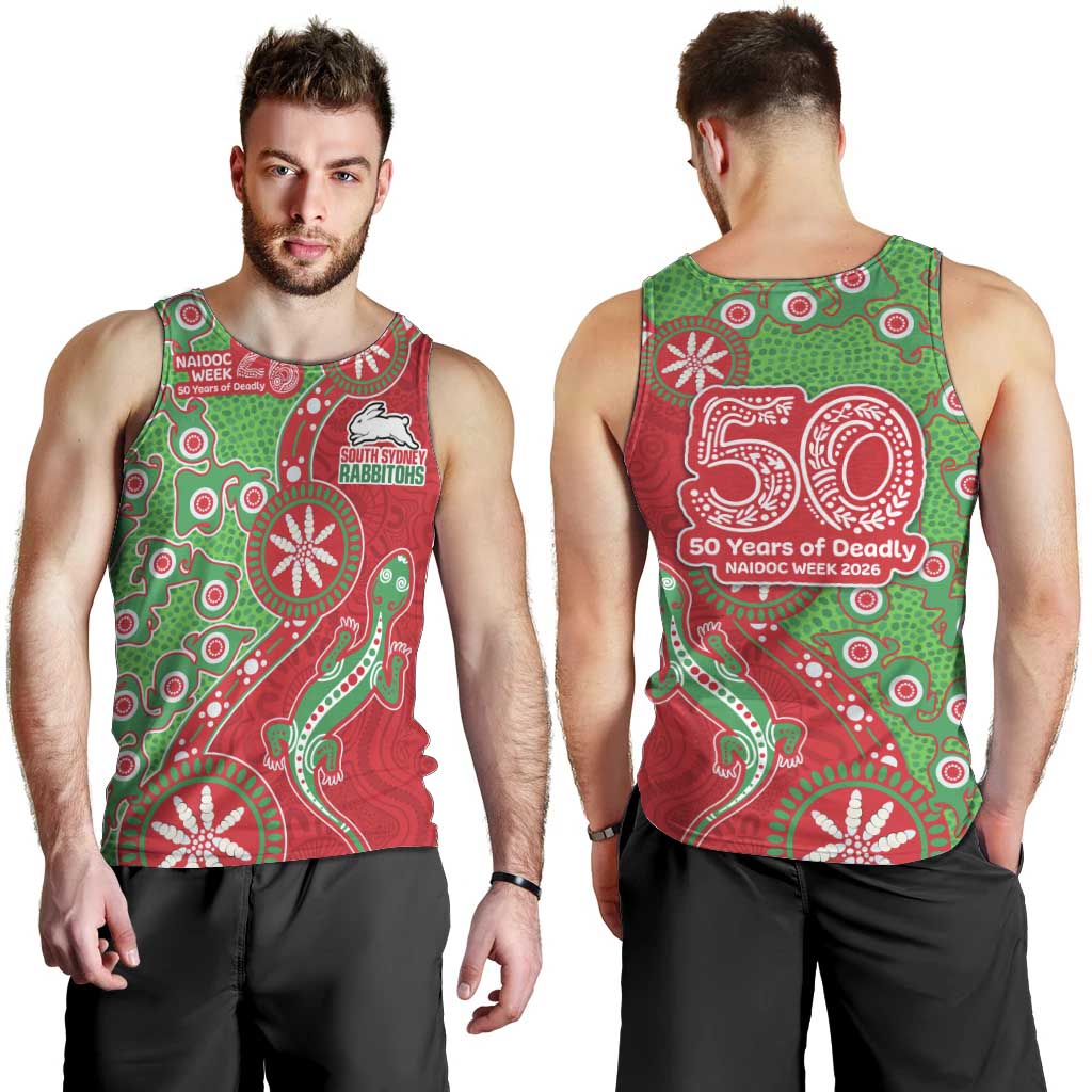 South Sydney Rabbitohs NAIDOC Week 2026 Men Tank Top Aboriginal Lizard Dot Painting - 50 Years of Deadly