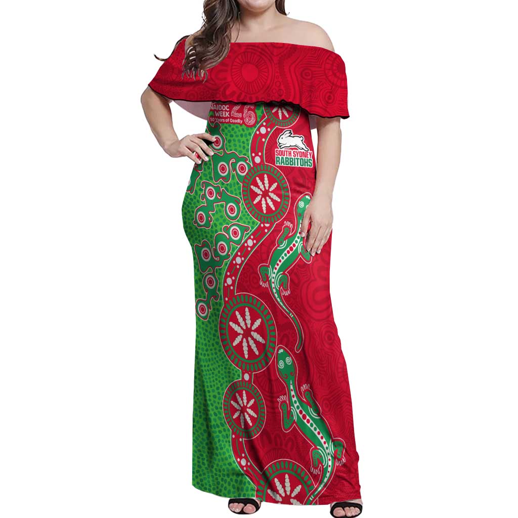 South Sydney Rabbitohs NAIDOC Week 2026 Off Shoulder Maxi Dress Aboriginal Lizard Dot Painting - 50 Years of Deadly